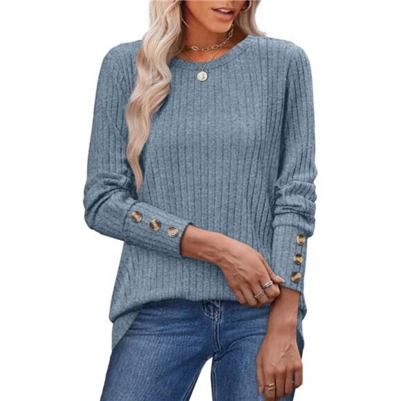 Button Cuff Ribbed Tunic Sweater – Plus Size Long Sleeve Top for Leggings - Picture 1 of 6